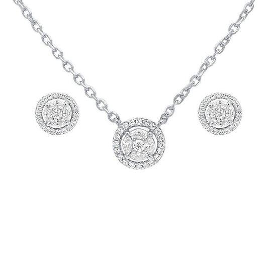 Image of Earrings. Productname: Halo Cubic Zirconia Earring and Necklace Set in Sterling Silver in Silver colour by brand - Bevilles