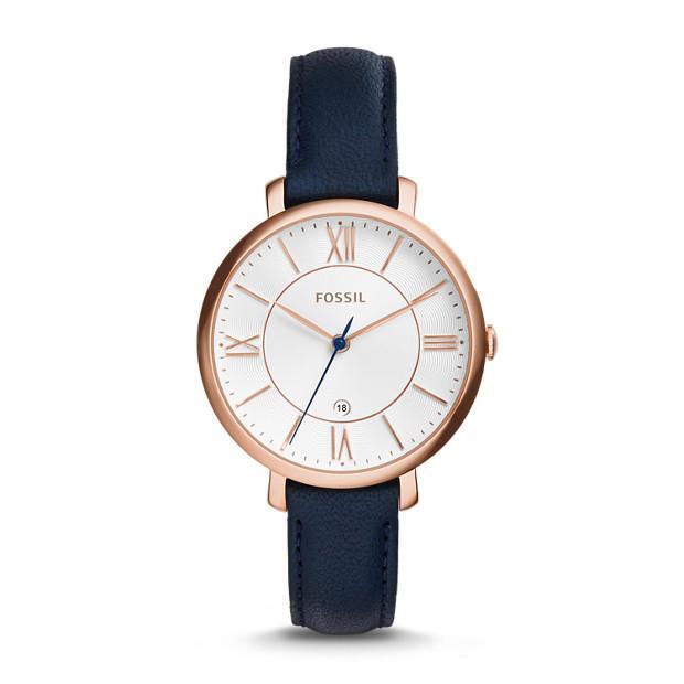 Image of Watches. Productname: Fossil Jacqueline Navy Leather Watch in Watch colour by brand - Fossil