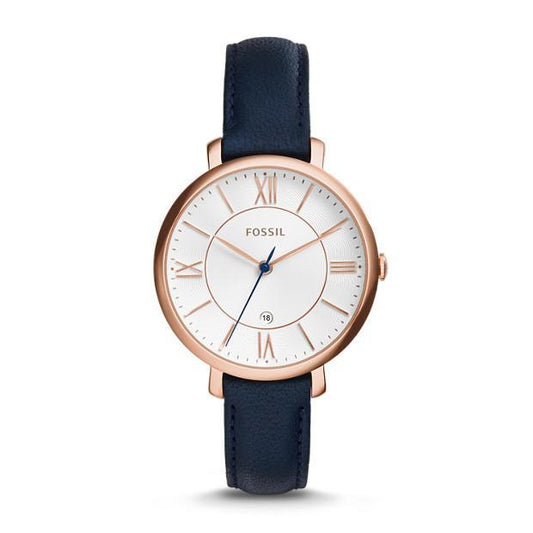 Image of Watches. Productname: Fossil Jacqueline Navy Leather Watch in Watch colour by brand - Fossil