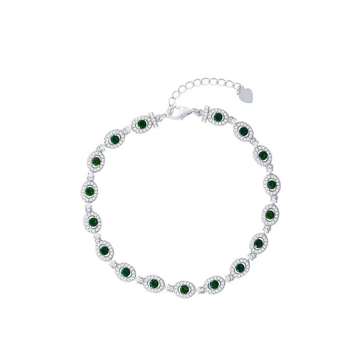 Image of Bracelets. Product name - 21.5cm 3mm Width Halo Bracelet with Green Cubic Zirconias in Sterling Silver in colour by brand - Bevilles