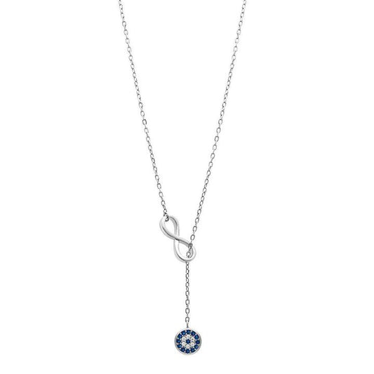 Image of Charms. Product name - 45cm Infinity and Evil Eye Necklace in Sterling Silver in colour by brand - Bevilles