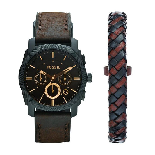 Image of Bracelets. Productname: Fossil Machine Chronograph Dark Brown Leather Watch and Bracelet Box Set FS5251SET in Watch colour by brand - Fossil