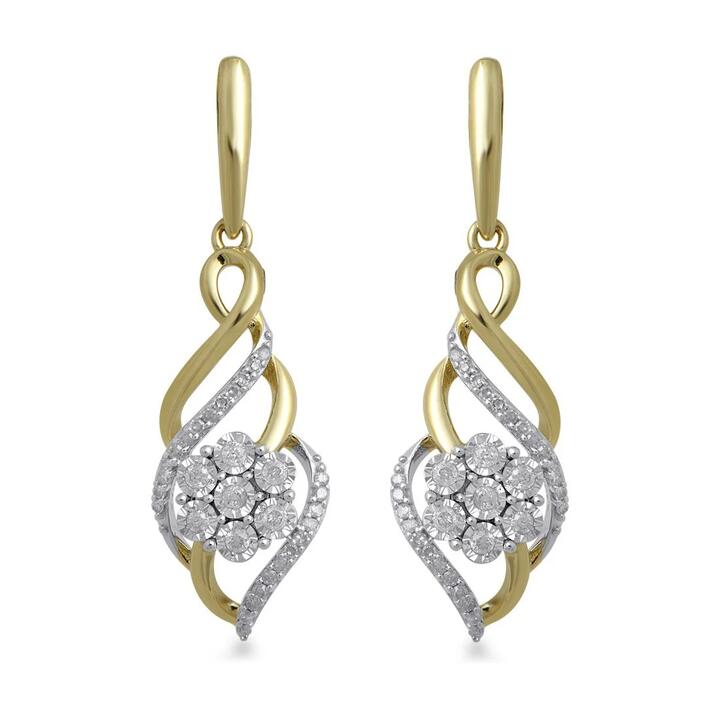 Image of Earrings. Productname: Fancy Swirl Flower Drop Earrings with 1/4ct of Diamonds in 9kt Yellow Gold in Diamond colour by brand - Bevilles