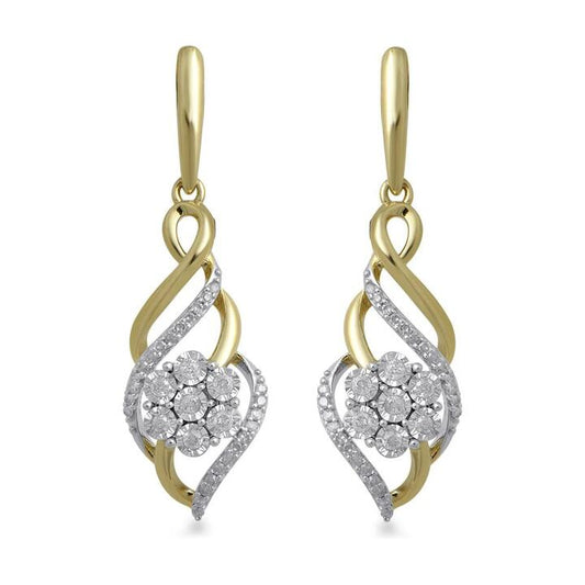 Image of Earrings. Product name - Fancy Swirl Flower Drop Earrings with 0.25tw of Diamonds in 9kt Yellow Gold in colour by brand - Bevilles