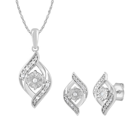 Image of Earrings. Productname: Flame Shape Stud Earrings and Necklace Set with 0.05ct of Diamonds in Sterling Silver in Diamond colour by brand - Bevilles