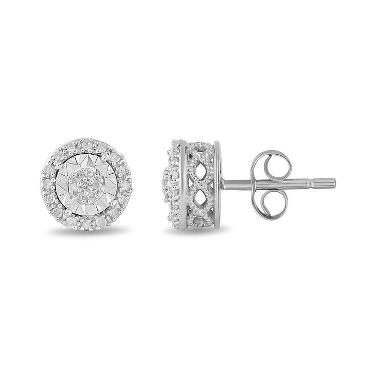 Image of Earrings. Productname: Diamond Set Miracle Halo Stud Earrings in Sterling Silver in Diamond colour by brand - Bevilles