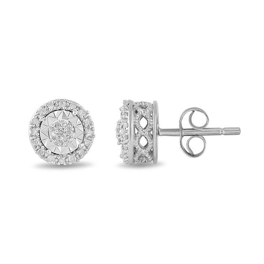 Image of Earrings. Productname: Diamond Set Miracle Halo Stud Earrings in Sterling Silver in Diamond colour by brand - Bevilles