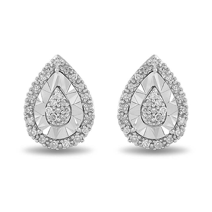 Image of Earrings. Productname: Diamond Set Miracle Pear Halo Stud Earrings in Sterling Silver in Diamond colour by brand - Bevilles