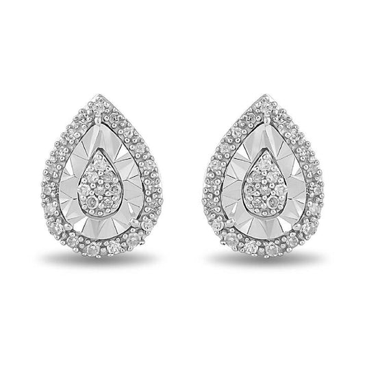Image of Earrings. Productname: Diamond Set Miracle Pear Halo Stud Earrings in Sterling Silver in Diamond colour by brand - Bevilles