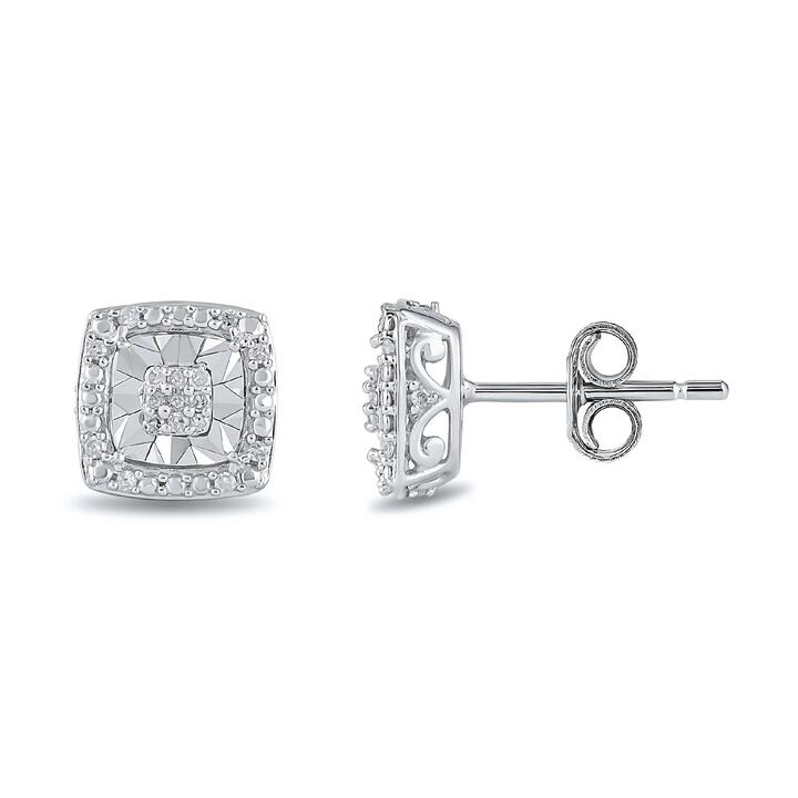 Image of Earrings. Productname: Diamond Set Miracle Square Halo Stud Earrings in Sterling Silver in Diamond colour by brand - Bevilles