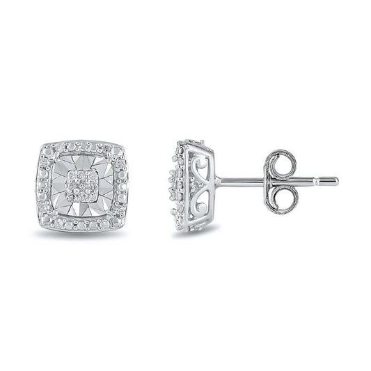 Image of Earrings. Productname: Diamond Set Miracle Square Halo Stud Earrings in Sterling Silver in Diamond colour by brand - Bevilles