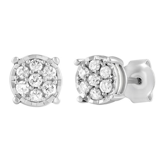 Image of Earrings. Productname: Miracle Halo Composite Earrings with 1/4ct of Diamonds in Sterling Silver in Diamond colour by brand - Bevilles
