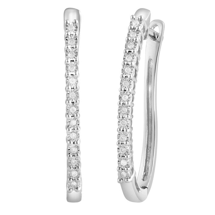 Image of Earrings. Product name - Miracle Set Hoop Earrings with 0.10tw of Diamonds in Sterling Silver in colour by brand - Bevilles