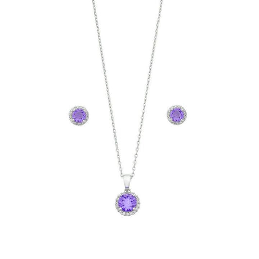 Image of Earrings. Productname: Purple Cubic Zirconia Earring & Necklace Set in Sterling Silver in Silver colour by brand - Bevilles
