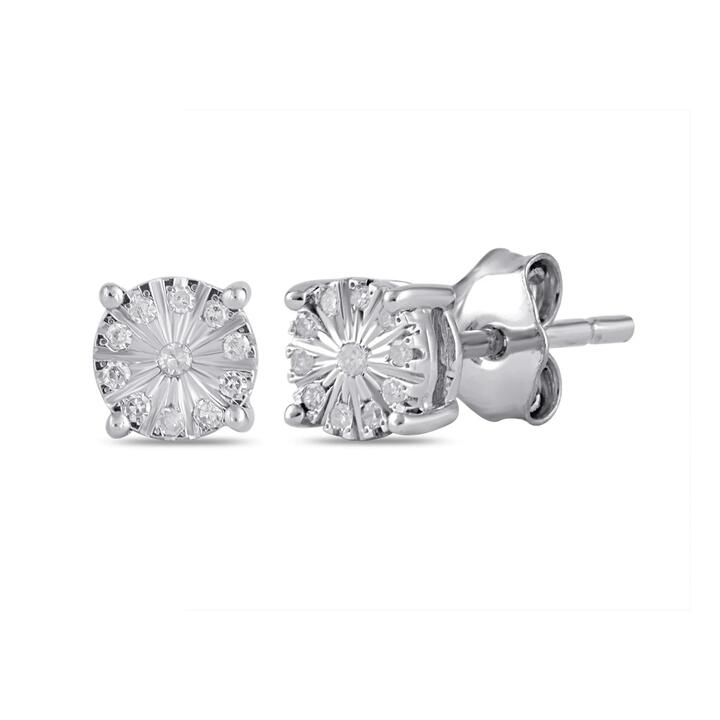 Image of Earrings. Productname: Mirage Diamond Set Fancy Miracle Stud Earrings in Sterling Silver in Diamond colour by brand - Bevilles