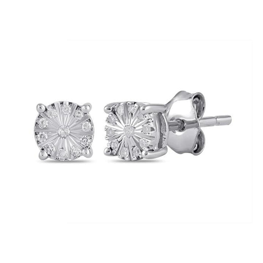 Image of Earrings. Productname: Mirage Diamond Set Fancy Miracle Stud Earrings in Sterling Silver in Diamond colour by brand - Bevilles