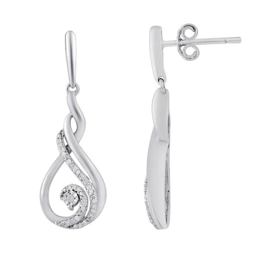 Image of Earrings. Productname: Mirage Swirl Drop Stud Earrings with 0.10tw of Diamonds in Sterling Silver in Diamond colour by brand - Bevilles