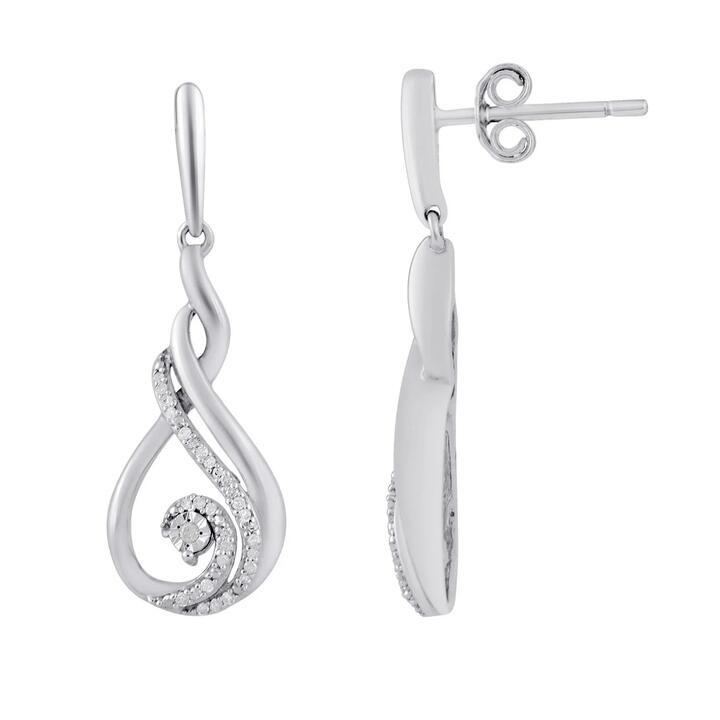 Image of Earrings. Product name - Mirage Swirl Drop Stud Earrings with 0.10tw of Diamonds in Sterling Silver in colour by brand - Bevilles
