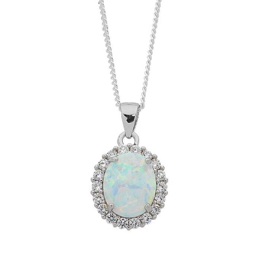 Image of Necklaces. Productname: 45cm October Birthstone Sterling Silver Oval Synthetic Opal and Cubic Zirconia Necklace in Silver colour by brand - Bevilles