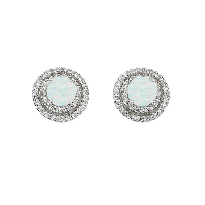 Image of Earrings. Productname: October Birthstone Sterling Silver Synthetic Opal & Cubic Zirconia Halo Earrings in Silver colour by brand - Bevilles