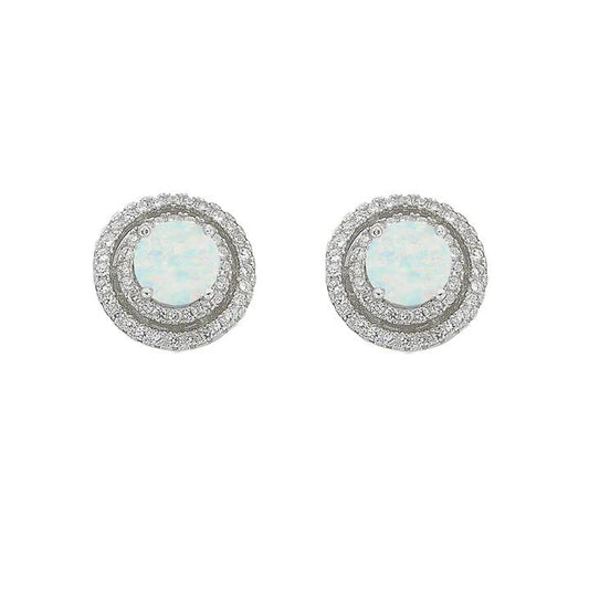 Image of Earrings. Productname: October Birthstone Sterling Silver Synthetic Opal & Cubic Zirconia Halo Earrings in Silver colour by brand - Bevilles