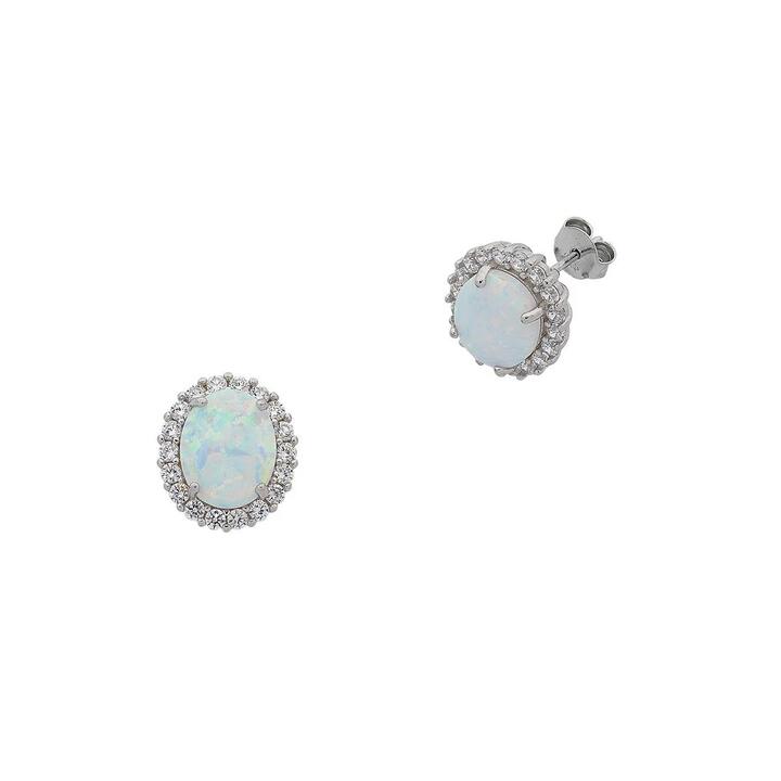 Image of Earrings. Productname: October Birthstone Sterling Silver Oval Synthetic Opal and Cubic Zirconia Earrings in Silver colour by brand - Bevilles