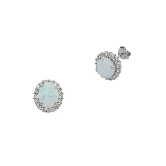 Image of Earrings. Productname: October Birthstone Sterling Silver Oval Synthetic Opal and Cubic Zirconia Earrings in Silver colour by brand - Bevilles