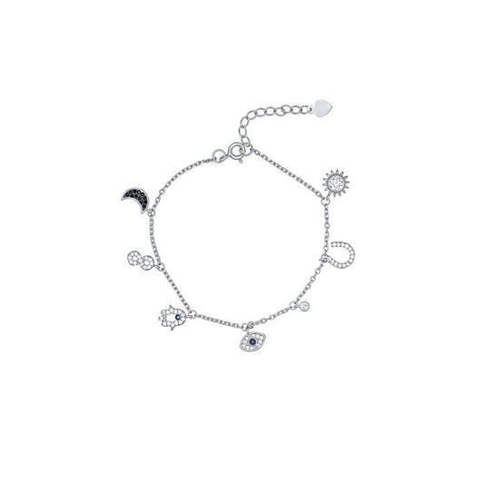 Image of Bracelets. Productname: 19cm Multi Charm Bracelet with Cubic Zirconia in Sterling Silver in colour by brand - Bevilles