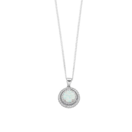 Image of Necklaces. Productname: 45cm October Birthstone Sterling Silver Synthetic Opal & Cubic Zirconia Halo Necklace in Silver colour by brand - Bevilles