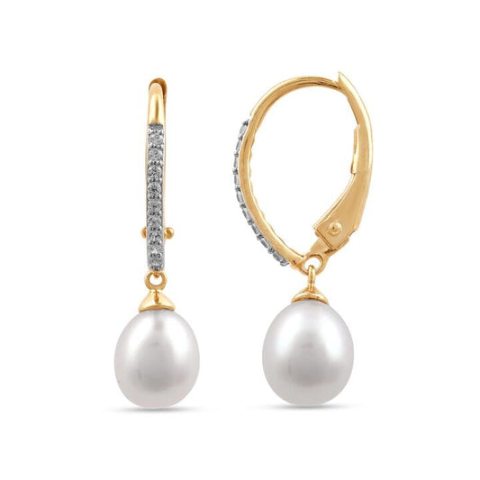 Image of Earrings. Productname: Pearl Drop Earrings with 0.05ct of Diamonds in 9kt Yellow Gold in Diamond colour by brand - Bevilles