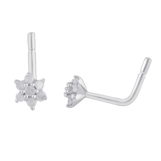 Image of Jewelry. Productname: Mirage Diamond Set Flower Nose Pin in Sterling Silver in Diamond colour by brand - Bevilles