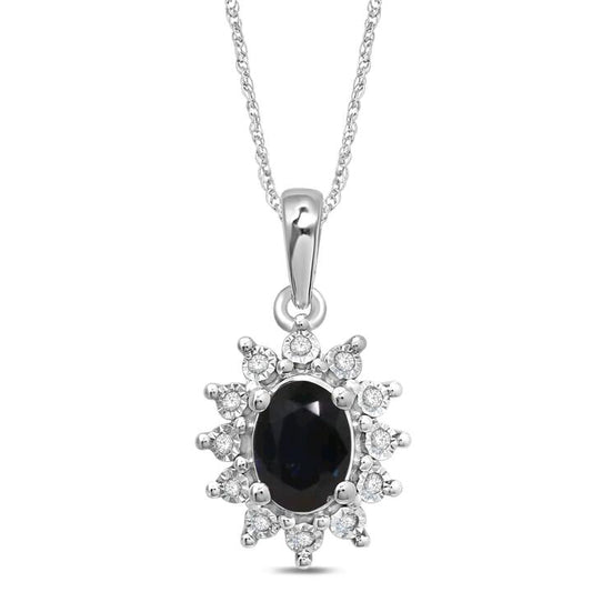 Image of Charms. Product name - 45cm Oval Created Sapphire Halo Necklace with 0.05tw of Diamonds in Sterling Silver in colour by brand - Bevilles