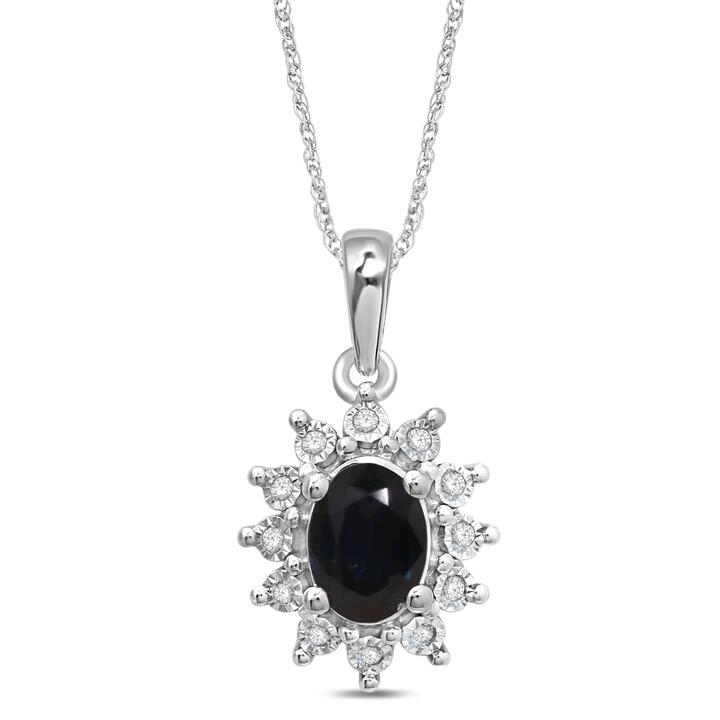 Image of Charms. Product name - 45cm Oval Created Sapphire Halo Necklace with 0.05tw of Diamonds in Sterling Silver in colour by brand - Bevilles