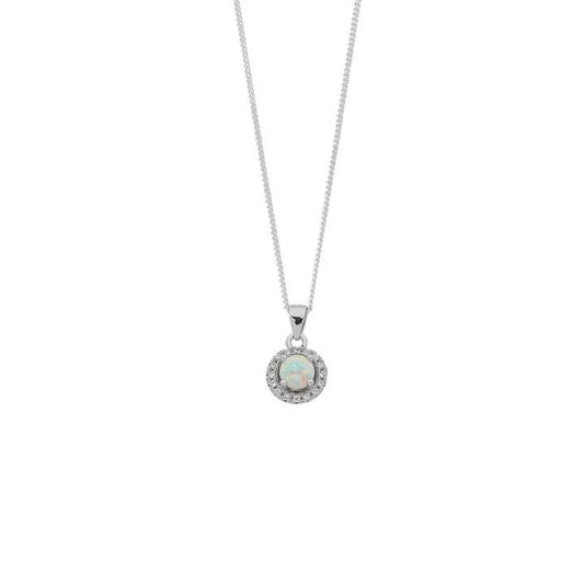 Image of Necklaces. Productname: 45cm Synthetic Opal and Cubic Zirconia Halo Necklace in Sterling Silver in Silver colour by brand - Bevilles