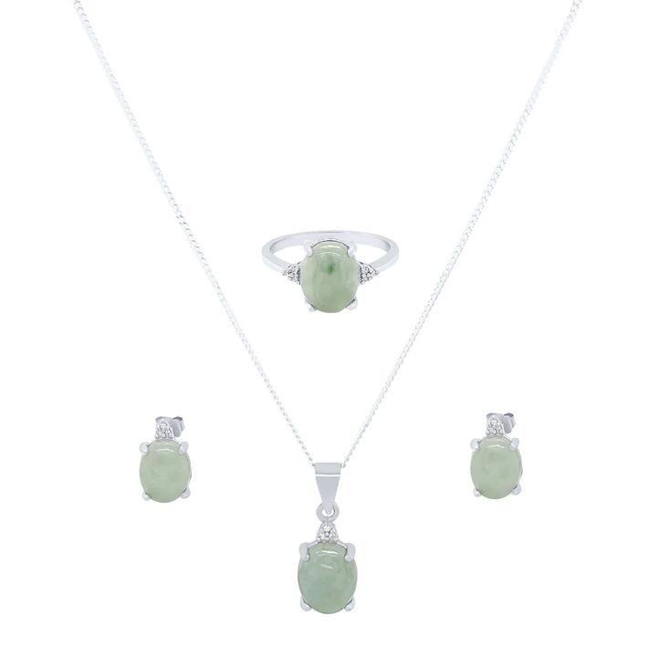 Image of Jewelry. Productname: Oval Cut Jade and Diamond Jewellery Set in Sterling Silver in Diamond colour by brand - Bevilles