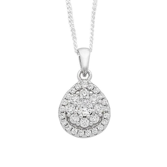 Image of Charms. Product name - 45cm Cubic Zirconia Pear Halo Necklace in Sterling Silver in colour by brand - Bevilles
