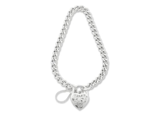 Image of Bracelets. Product name - 18cm Filigree Heart Padlock Curb Bracelet in Sterling Silver in colour by brand - Bevilles