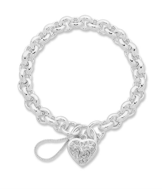 Image of Bracelets. Productname: 19cm 8mm Width Solid Filigree Heart Round Belcher Bracelet in Sterling Silver in Silver colour by brand - Bevilles