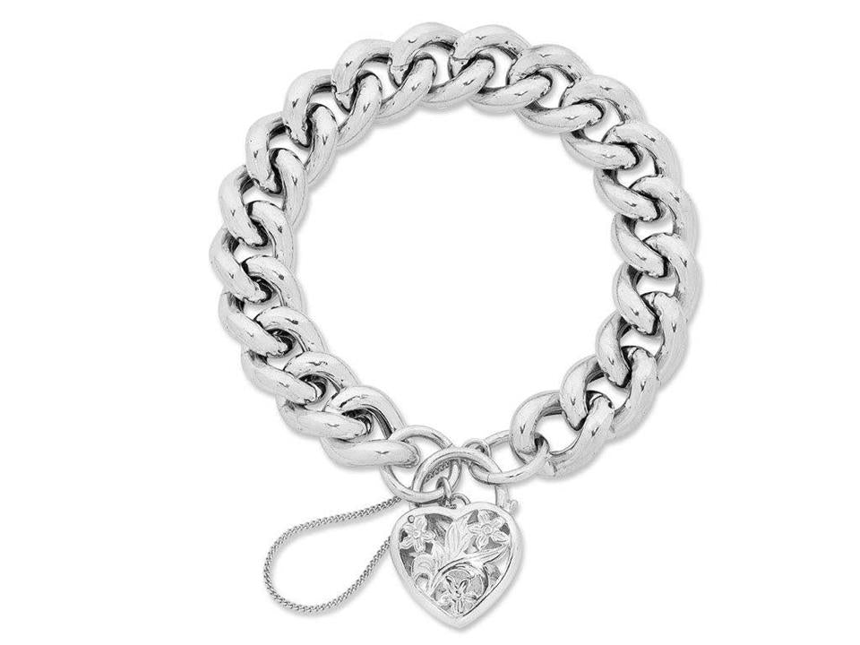 Image of Bracelets. Product name - 19cm 14mm Width Filigree Heart Padlock Curb Bracelet in Sterling Silver in colour by brand - Bevilles