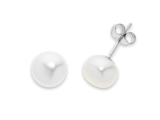 Image of Earrings. Productname: Sterling Silver 9mm White Freshwater Pearl Stud Earrings in colour by brand - Bevilles