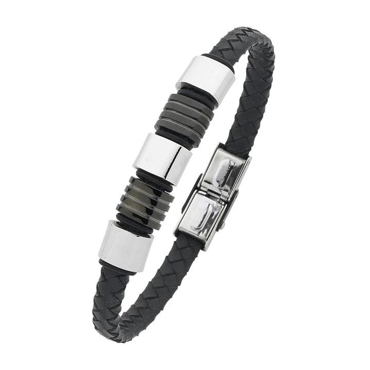 Image of Bracelets. Product name - 21.5cm Black Rubber And Leather Bracelet in Stainless Steel in colour by brand - Bevilles