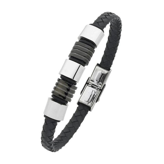 Image of Bracelets. Product name - 21.5cm Black Rubber And Leather Bracelet in Stainless Steel in colour by brand - Bevilles