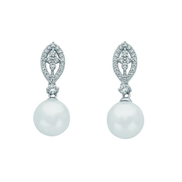 Image of Earrings. Productname: 10mm Sterling Silver Synthetic Pearl Cubic Zirconia Marquise Earrings in Silver colour by brand - Bevilles
