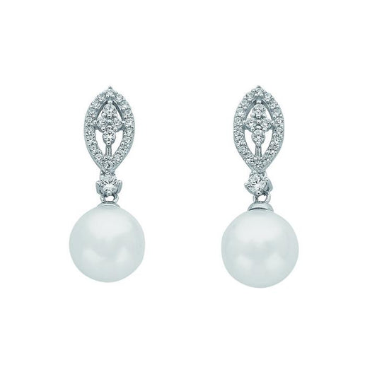 Image of Earrings. Productname: 10mm Sterling Silver Synthetic Pearl Cubic Zirconia Marquise Earrings in Silver colour by brand - Bevilles