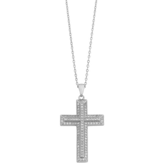 Image of Necklaces. Productname: 45cm Cubic Zirconia Cross Pendant Necklace in Sterling Silver in Silver colour by brand - Bevilles