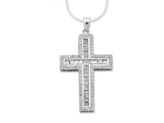 Image of Necklaces. Productname: 45cm Sterling Silver Cubic Zirconia Cross Necklace in Silver colour by brand - Bevilles