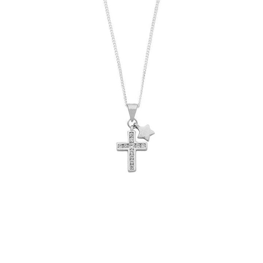 Image of Necklaces. Productname: 45cm Sterling Silver Cross and Star Cubic Zirconia Necklace in Silver colour by brand - Bevilles