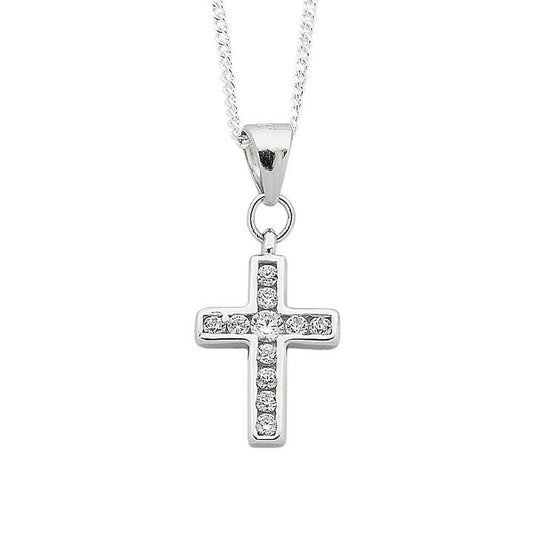 Image of Necklaces. Productname: 45cm White Cubic Zirconia Cross Pendant Necklace in Sterling Silver in Silver colour by brand - Bevilles