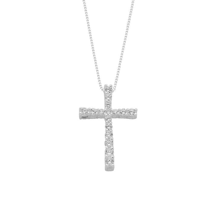 Image of Necklaces. Productname: 45cm Sterling Silver Cubic Zirconia Claw Set Cross Necklace in Silver colour by brand - Bevilles