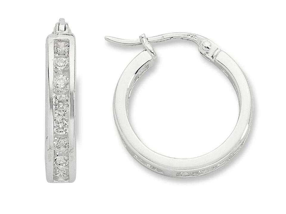 Image of Earrings. Productname: Sterling Silver Cubic Zirconia 15mm Hoop Earrings in Silver colour by brand - Bevilles